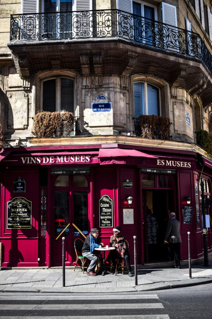 A classic Parisian café in the vibrant city setting, perfect for urban exploration.